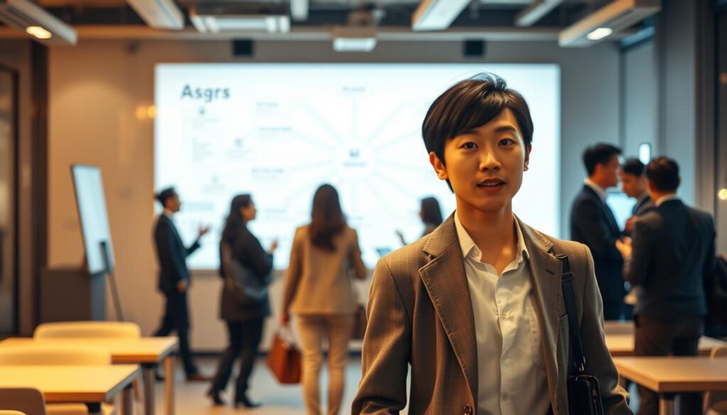 A bustling corporate office setting, illuminated by warm, ambient lighting. In the foreground, a young Japanese professional strides purposefully, their black hair neatly styled, their expression focused and determined. Behind them, a cohort of colleagues engage in discussion, gesturing animatedly as they navigate the nuanced steps of their career paths. In the middle ground, a large whiteboard displays an intricate web of interconnected roles and responsibilities, reflecting the multifaceted nature of a professional's journey. The background is softly blurred, suggesting the endless possibilities and opportunities that lie ahead for the aspiring individual. The overall atmosphere conveys a sense of progress, growth, and the pursuit of excellence.