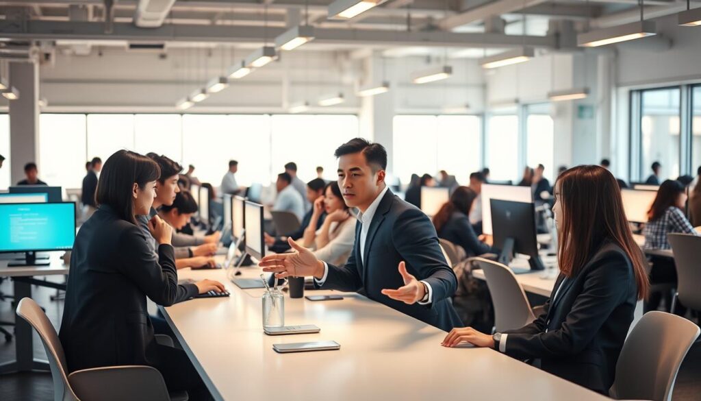 A bustling coworking space filled with young, focused Japanese professionals, their faces illuminated by the warm glow of computer screens. In the foreground, a determined-looking consultant in a crisp suit gestures animatedly, engaging with colleagues around a sleek, minimalist table. The middle ground features a mix of individual workstations and collaborative seating areas, the atmosphere charged with creative energy. Soft, diffused lighting filters in through large windows, casting a serene, contemplative mood over the scene. The background showcases the modern, airy architecture of the space, with clean lines and a palette of natural materials.
