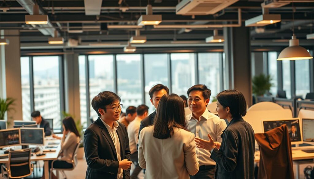A bustling coworking space with modern, minimalist decor. In the foreground, a group of young, professional-looking Japanese individuals are engaged in a collaborative discussion, gesturing animatedly as they brainstorm ideas. The middle ground features a mix of individual workstations and shared meeting areas, all bathed in warm, natural lighting that streams in through large windows. In the background, the cityscape is visible, hinting at the urban context in which this public policy consulting firm operates. The overall atmosphere conveys a sense of productivity, creativity, and a dynamic work culture.