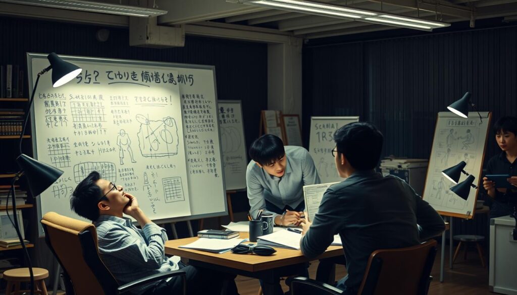 A bustling creative office with a team of young, focused Japanese writers collaboratively mapping out a narrative screenplay. Mood lighting from sleek desk lamps illuminates their intense expressions as they gesture towards a large whiteboard covered in scribbled notes and sketches. In the foreground, a writer leans back in their chair, deep in thought, while others lean over a central table, intensely debating story arcs and character developments. The atmosphere is one of productive concentration, with a sense of the meticulous process behind crafting an engaging cinematic narrative.