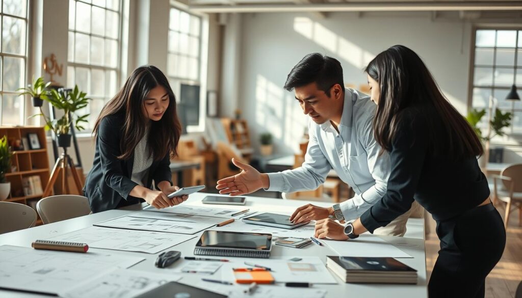 A bustling creative studio, soft natural light streaming through expansive windows. A team of talented individuals - three young, dark-haired Japanese-looking professionals - huddle around a large table, engrossed in their work. Sketches, mood boards, and digital tablets litter the surface, as they collaborate on conceptual ideas. The creative director, dressed in a crisp button-down and slacks, gestures animatedly, guiding the discussion. An atmosphere of focused intensity pervades the space, as they bring their client's vision to life through their collective expertise and creativity.