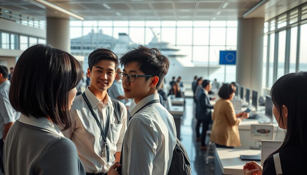 A bustling cruise ship terminal, flooded with natural light. In the foreground, a group of young, professional-looking individuals engage in a lively discussion, their expressions focused and intent. They are dressed in formal attire, their black hair and Japanese-inspired features suggesting a diverse, international team. In the middle ground, a series of desks and counters are set up, where candidates are being interviewed and processed, the atmosphere one of efficiency and organization. In the background, the sleek silhouette of a massive cruise ship can be seen through the windows, its imposing presence a testament to the global scale of the industry. The scene is captured with a crisp, documentary-style lens, highlighting the dynamic nature of the recruitment process for this unique profession.