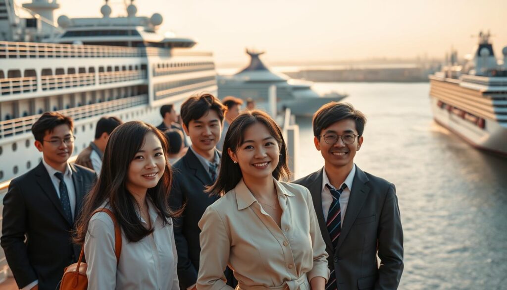 A bustling cruise ship terminal, with graceful vessels docked along the quayside. The terminal is bathed in warm, golden light, creating a sense of vibrancy and energy. In the foreground, a group of young, Japanese-looking men and women stand, dressed in smart, formal attire, their expressions conveying a mix of professionalism and enthusiasm. They represent the diverse workforce that powers the cruise industry, navigating the challenges and opportunities that lie ahead. In the background, a panoramic view of the harbor stretches out, hinting at the global reach and potential of the cruise business. The scene captures the dynamic nature of the industry, poised for growth and innovation, as it charts a course towards the future.