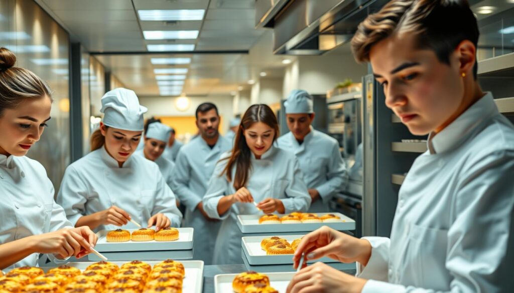 A bustling culinary institute, its hallways filled with the aroma of freshly baked pastries. In the foreground, a group of young, aspiring pâtissiers clad in crisp white uniforms diligently craft intricate desserts, their faces illuminated by the warm glow of the kitchen lights. In the middle ground, instructors with discerning eyes observe their students, offering guidance and expertise. The background showcases state-of-the-art equipment and gleaming surfaces, creating an atmosphere of dedicated learning and culinary mastery. Soft shadows and a subtle depth of field lend a sense of professionalism and focus to the scene, capturing the essence of the pâtissier's educational journey.