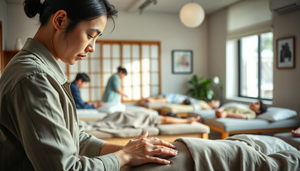 A bustling day in the life of a skilled Japanese osteopath. In a cozy yet modern treatment room, a young, dark-haired practitioner expertly guides clients through a series of carefully tailored, therapeutic sessions. Soft, natural lighting bathes the space, creating a calming ambiance as the osteopath moves with precision and care, meticulously assessing and addressing each patient's unique needs. The foreground showcases the osteopath's focused expression and nimble hands as they apply targeted manipulations, while the middle ground reveals patients of various ages and ailments resting comfortably on padded tables. In the background, a minimalist yet soothing decor sets the stage for this holistic healing practice, reflecting the osteopath's commitment to their craft and the well-being of their community.