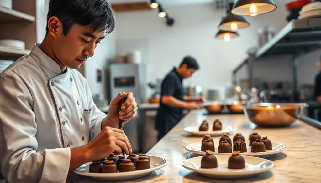 A bustling day in the life of a skilled chocolatier. In the soft morning light, a young Japanese-looking man carefully tempers chocolate, meticulously crafting intricate bonbons. His focused gaze reflects the artistry required as he pipes ganache into delicate molds. In the middle ground, he plates his creations, arranging them with precision on a marble countertop. The background reveals a well-equipped kitchen, bustling with the activity of mixing, baking, and decorating. The warm, inviting atmosphere is enhanced by the rich aroma of melted cocoa. A sense of dedication and passion radiates from every detail, capturing the essence of a chocolatier's daily routine.