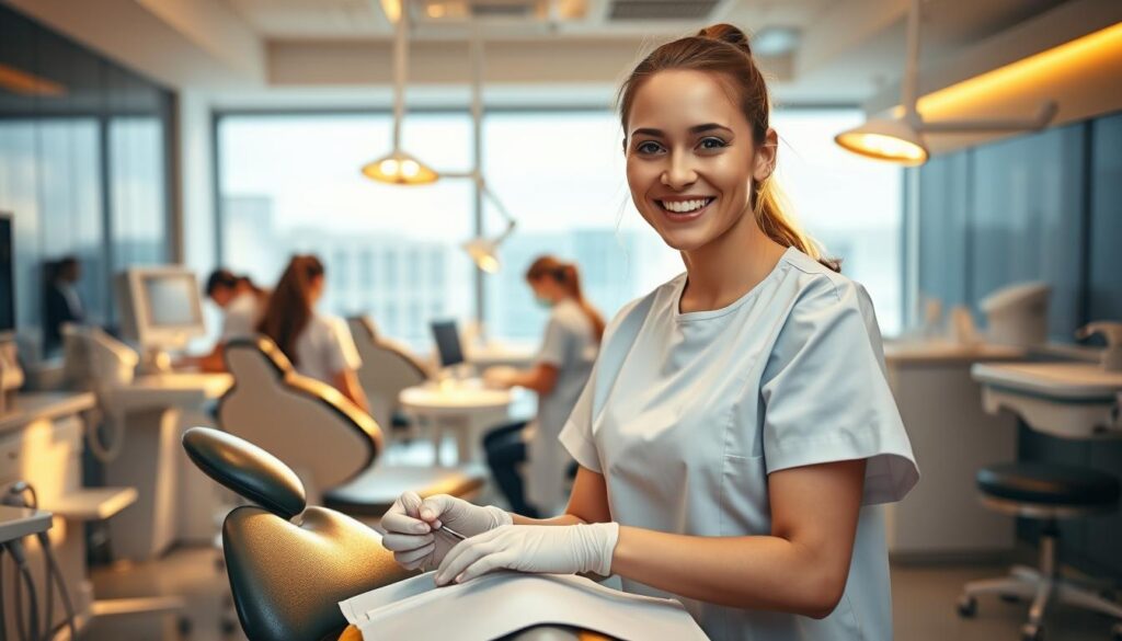 A bustling dental clinic, bathed in warm, natural lighting. In the foreground, a young, cheerful dental hygienist assists a patient, her skilled hands and gentle demeanor reflecting the professionalism and care that defines her role. In the middle ground, several other hygienists work diligently, each contributing to the clinic's efficient and patient-centered operations. The background features a modern, well-equipped dental facility, its sleek design and state-of-the-art technology hinting at the advancements and opportunities that await these dedicated professionals. The overall scene conveys the bright future and growing demand for skilled dental hygienists, their essential role in maintaining oral health, and the rewarding career path that lies ahead.