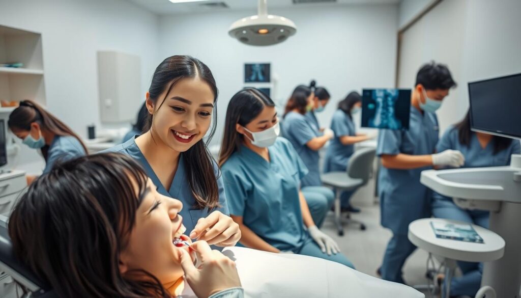 A bustling dental clinic with a diverse team of young, Japanese-looking hygienists going about their duties. In the foreground, a hygienist cleans a patient's teeth with precision, the soft lighting casting a warm glow. In the middle ground, another hygienist takes X-rays, her brow furrowed in concentration. In the background, hygienists engage in various tasks like sterilizing instruments, charting patient records, and assisting the dentist. The clinic is clean, modern, and professional, with a calming atmosphere that puts patients at ease. The hygienists move with practiced efficiency, showcasing the range of responsibilities and flexible work arrangements in this dynamic dental healthcare profession.