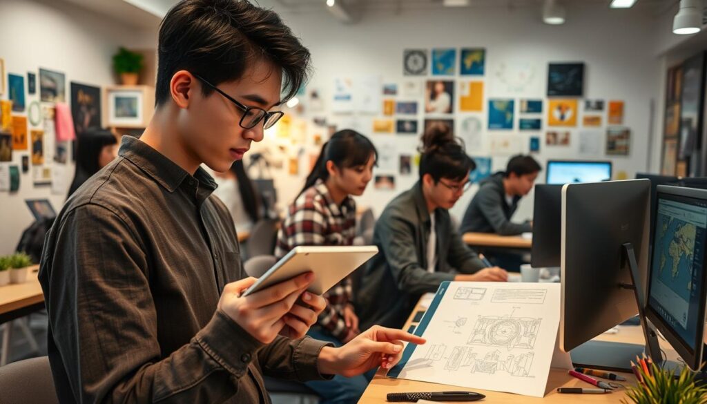 A bustling design studio filled with young, energetic Japanese professionals. In the foreground, a designer sketching ideas on a tablet, immersed in the creative process. Behind them, a team collaborating on a computer, brainstorming new concepts. In the background, an array of design tools and inspirational mood boards adorn the walls, creating a dynamic, modern atmosphere. Soft, directional lighting illuminates the scene, casting a warm, focused glow on the hardworking individuals. The overall composition conveys the diverse possibilities and growth potential within the design career path.