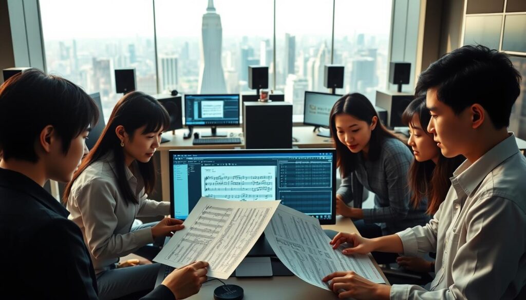 A bustling digital workspace, where young Japanese professionals seamlessly collaborate, their hands skillfully navigating touchscreens and keyboards. In the foreground, a team reviews sheet music, their expressions focused as they digitally annotate and edit the scores. The middle ground reveals a panoramic view of the studio, filled with state-of-the-art equipment and monitors displaying intricate musical software interfaces. In the background, a towering cityscape serves as a backdrop, symbolizing the industry's transformation and integration with the digital age. Soft, directional lighting casts a warm, productive glow, capturing the essence of a modern, efficient music transcription business.