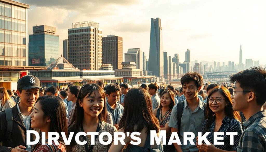A bustling director's market in a dynamic urban landscape, illuminated by the warm glow of natural light. In the foreground, a group of talented, youthful Japanese-looking individuals engaged in lively discussions, their expressions conveying a sense of ambition and innovation. The middle ground features an array of modern office buildings and creative studios, hinting at the diverse employment opportunities available to skilled directors. The background showcases a vibrant cityscape, with skyscrapers and infrastructure symbolizing the growing demand for directorial expertise across various industries. The overall scene radiates a sense of optimism and promising future for the director's profession.