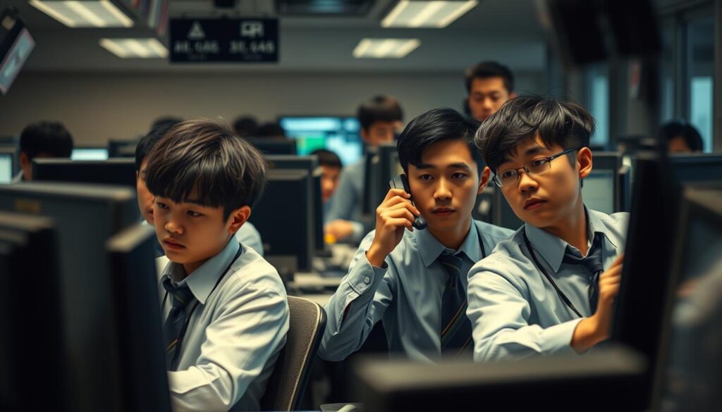 A bustling dispatch office, with young Japanese-looking operators intently monitoring screens and radios, their faces etched with concentration. Soft, directional lighting accentuates the tension in the room, casting dramatic shadows. The operators, clad in formal attire, appear harried yet professional, navigating a constant stream of incoming calls and requests with a sense of urgency. The background is slightly blurred, hinting at the chaos of the outside world that they must manage. An atmosphere of high-stakes decision-making and stress management permeates the scene, reflecting the challenges faced by modern-day dispatchers.