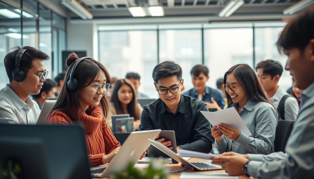 A bustling employment office, filled with young, Japanese-looking professionals eagerly discussing job opportunities as audio engineers, beat makers, and electronic music composers. Soft, natural lighting illuminates their focused expressions as they consult laptop screens and flip through portfolios, capturing the dynamic atmosphere of the track-making industry. The scene conveys a sense of optimism and possibility, reflecting the vibrant career prospects for aspiring trailmakers in this thriving field.