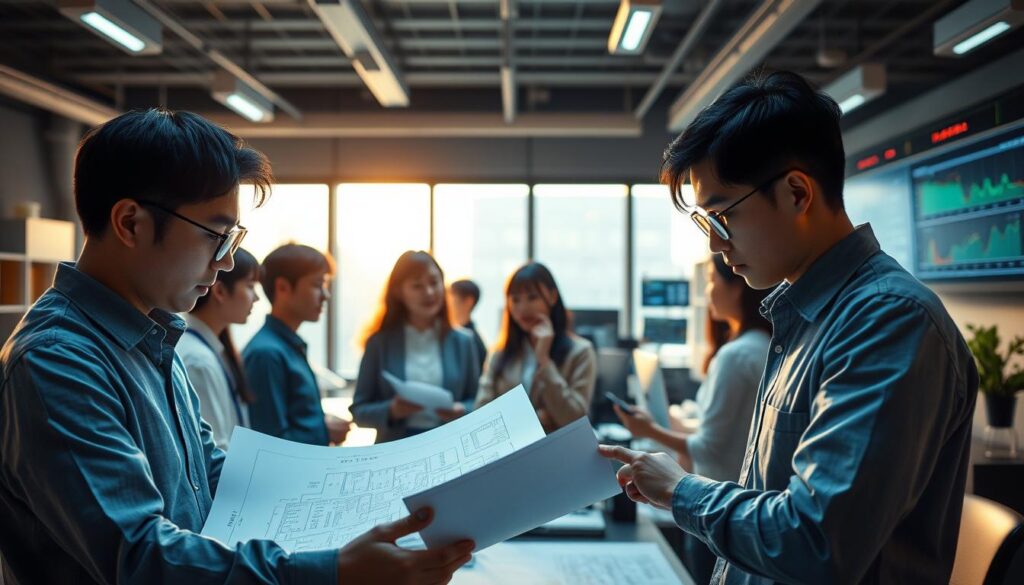 A bustling facility management office, with a team of young, focused Japanese professionals poring over schematics and technical diagrams. Soft natural lighting filters in through large windows, casting a warm glow on their concentrated expressions. In the foreground, a facility manager meticulously examines building plans, drawing on their extensive domain knowledge to identify potential issues and devise efficient solutions. The middle ground features colleagues collaborating, sharing insights and best practices honed through years of hands-on experience. In the background, state-of-the-art facility monitoring systems display real-time data, underscoring the technical expertise required to manage complex built environments effectively.