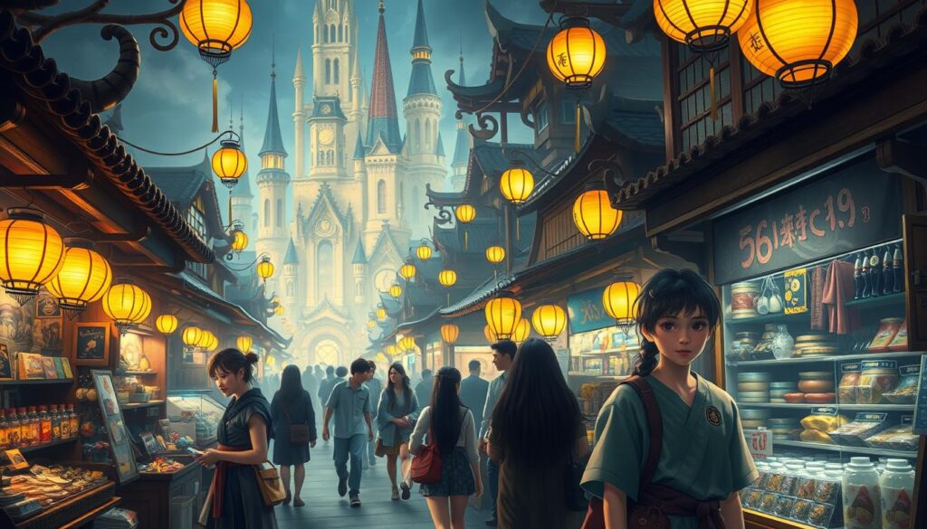 A bustling fantasy marketplace, illuminated by warm lanterns and vibrant stalls. In the foreground, young Japanese-inspired shopkeepers offer an array of whimsical goods - handcrafted wares, exotic spices, and enchanted trinkets. In the middle ground, patrons meander through the lively scene, their expressions a mix of wonder and discovery. The background is filled with the fanciful architecture of this imagined realm, its towering spires and intricate details hinting at the boundless creativity of the fantasy genre. Soft, diffused lighting casts a magical glow over the entire tableau, creating an atmosphere of enchantment and discovery.