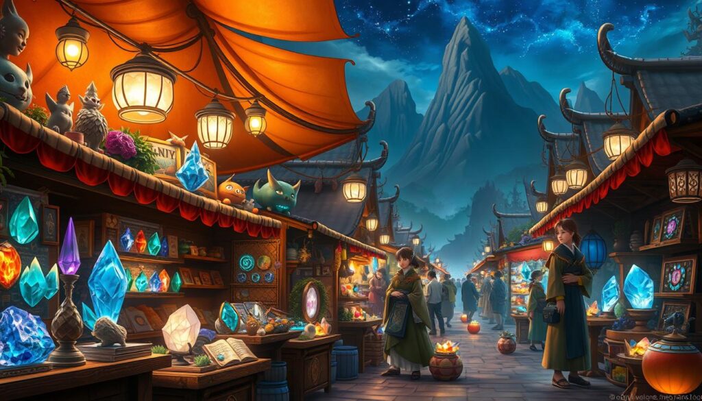 A bustling fantasy marketplace, with whimsical stalls displaying enchanted wares. Young, Japanese-inspired shopkeepers offer a diverse array of magical items - glowing crystals, mystical tomes, and fantastical creatures. Warm, diffused lighting casts a dreamlike glow, while the background features a lush, fantastical landscape with towering mountains and a starry night sky. The overall atmosphere is one of wonder, intrigue, and the boundless possibilities of the imagination.