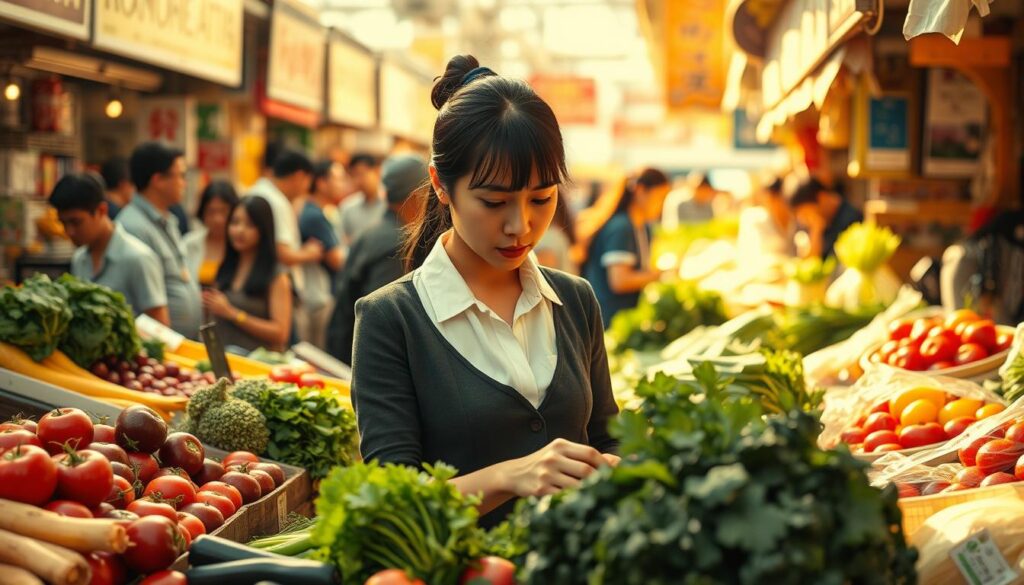 A bustling farmer's market scene, with a vibrant display of colorful produce. In the foreground, a young, knowledgeable-looking Japanese woman, dressed in professional attire, examines a selection of fresh vegetables, her expression one of deep concentration as she evaluates their quality and characteristics. Behind her, a diverse array of shoppers browse the stalls, their faces reflecting a mix of curiosity and excitement. The lighting is warm and natural, casting a golden glow over the scene, capturing the lively atmosphere of the market. The camera angle is slightly elevated, providing a comprehensive view of the dynamic interactions between the "vegetable sommelier" and the market-goers, showcasing the importance of her role in guiding consumers towards the finest seasonal offerings.