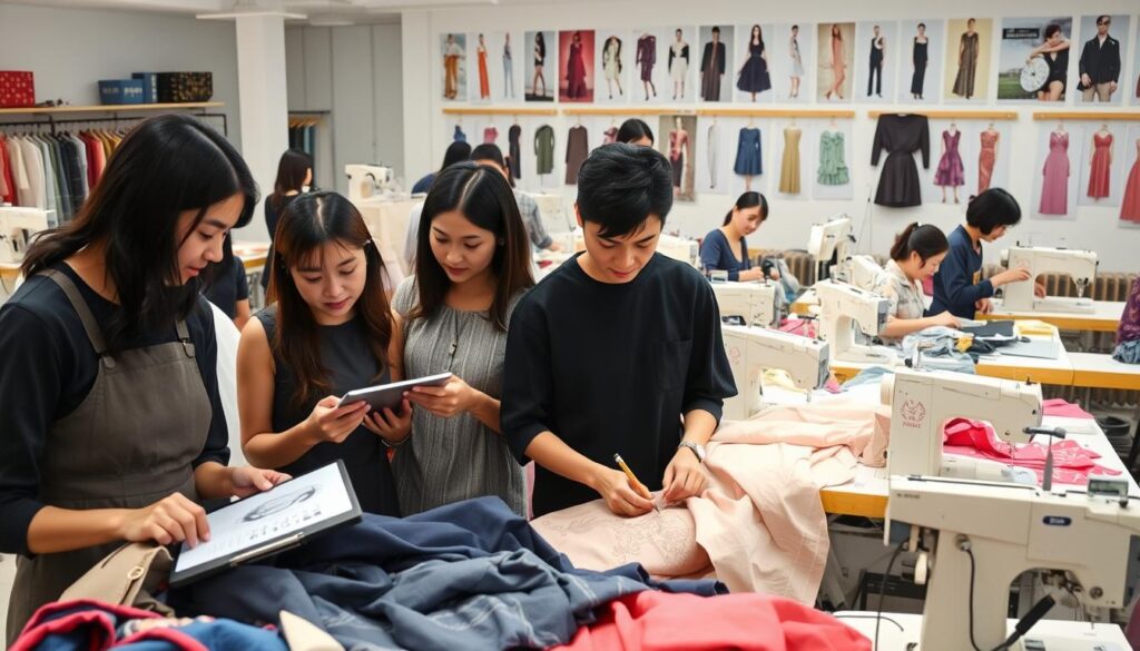 A bustling fashion design studio filled with skilled artisans meticulously crafting the latest apparel collections. In the foreground, a team of young Japanese designers scrutinize fabric samples, sketching ideas on tablets while discussing color palettes and silhouettes. In the middle ground, seamstresses carefully sew intricate patterns onto delicate fabrics, their hands moving with practiced precision. The background showcases a variety of sewing machines, pattern cutting tables, and mood boards adorned with inspiring fashion images. Soft, even lighting illuminates the scene, capturing the focus and dedication of the talented individuals driving the fashion design process.