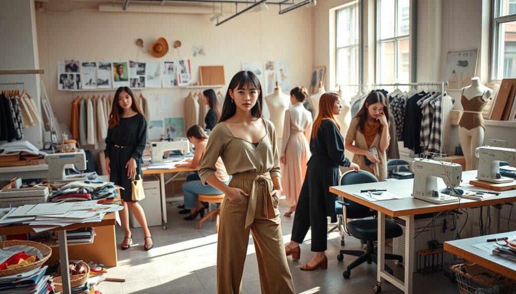 A bustling fashion design studio, with young, Japanese-looking models posing amidst a dynamic array of sketches, fabric swatches, and sewing machines. Natural light floods the space, casting warm, focused illumination on the models as they showcase the latest trends. In the foreground, a model in a chic, minimalist outfit strikes a confident pose, while in the middle ground, designers huddle over their workstations, immersed in the creative process. The background features mood boards, mannequins, and a sense of organized chaos, reflecting the fast-paced, ever-evolving nature of the fashion industry. The overall atmosphere conveys the excitement and dedication inherent in a fashion designer's career path.