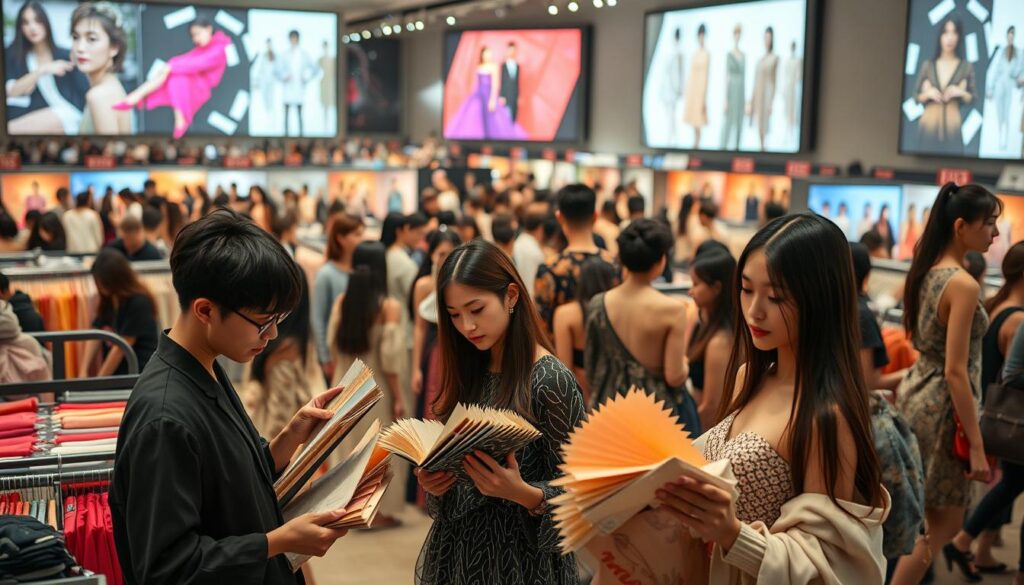 A bustling fashion market, filled with young Japanese models showcasing the latest trends. In the foreground, a group of designers scrutinize fabric swatches, meticulously analyzing color palettes and patterns. The middle ground captures a sea of shoppers browsing through racks of clothing, their expressions reflecting deep contemplation. In the background, large projection screens display vivid imagery, conveying the essence of emerging style directions. Soft, diffused lighting casts a warm, contemplative glow, as the models pose gracefully, their lithe movements captured in a realistic, cinematic manner. The overall atmosphere exudes a sense of anticipation and creative energy, as the designers delve into the heart of market research and trend analysis.