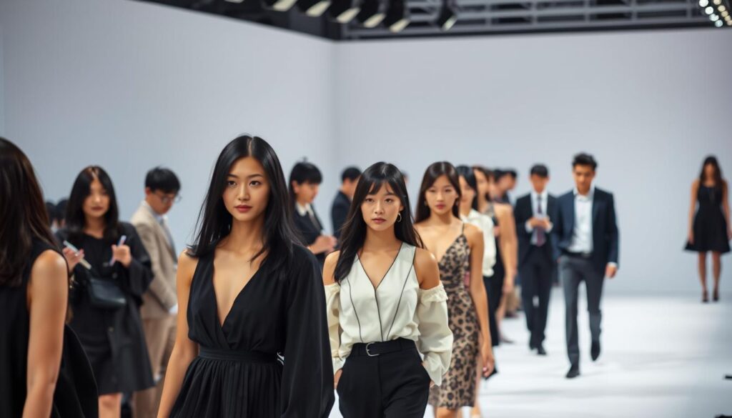 A bustling fashion runway, lit by sleek studio lighting. In the foreground, a group of young, stylish Japanese models sashay across the stage, showcasing the latest apparel trends. Their features are distinct and captivating, with jet-black hair and a refined, realistic appearance. In the middle ground, a team of fashion designers and analysts observe intently, scribbling notes and gesturing with purpose. The background is a crisp, minimalist set, allowing the focus to remain on the models and their stylish ensemble. Subtle, moody lighting casts an air of professionalism and sophistication, capturing the essence of market research and trend analysis in the world of fashion.
