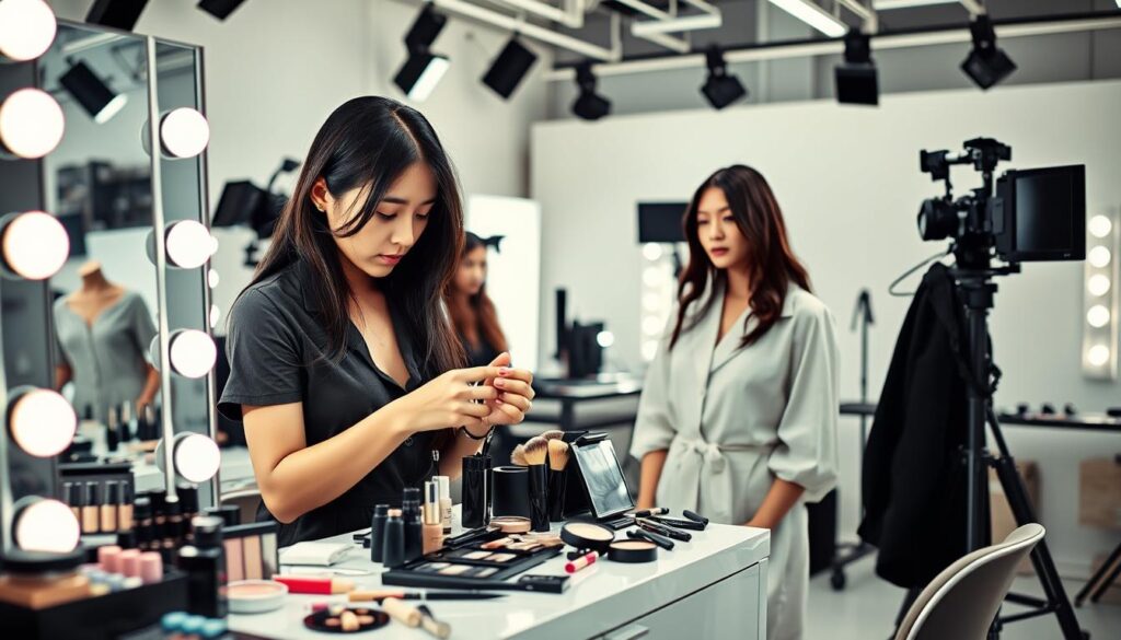 A bustling fashion studio filled with sleek, modern equipment. In the foreground, a young, stylish Japanese woman meticulously arranges an array of cosmetics and hair accessories on a pristine vanity. Beside her, a well-lit mirror reflects her focused expression as she contemplates her next move. In the middle ground, another model stands patiently, her dark hair cascading over a minimalist outfit. In the background, the studio is bathed in soft, natural light, creating a serene and professional atmosphere. The overall scene conveys the choreographed, detail-oriented nature of a stylist's work, as they transform their models into visually striking, runway-ready looks.