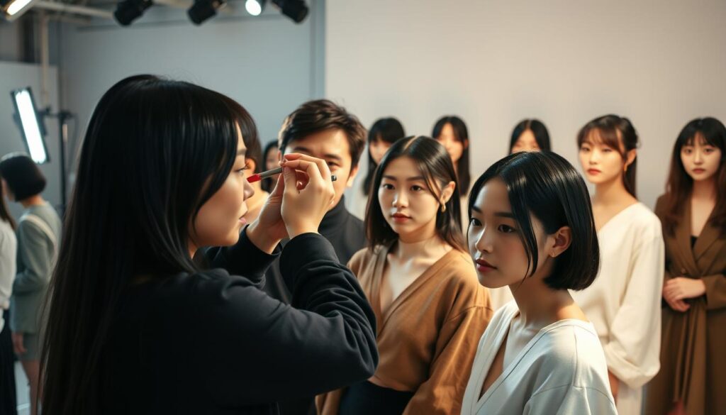 A bustling fashion studio filled with young, Japanese-looking models. The well-lit scene captures a stylist in action, meticulously arranging the models' sleek, black hair and applying natural-looking makeup. The models strike confident poses, showcasing the stylist's keen eye for detail and ability to transform their appearance. The background is a minimalist, modern set with neutral tones, allowing the models to be the focal point. Soft, directional lighting casts gentle shadows, adding depth and drama to the composition. An atmosphere of professionalism and creativity permeates the scene, hinting at the rewarding career path of a skilled fashion stylist.