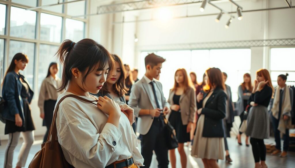A bustling fashion studio with young, Japanese-looking models posing in a variety of stylish outfits. Bright, natural lighting filters in through large windows, casting a warm glow over the scene. In the foreground, a fashion stylist meticulously adjusts the clothing and accessories of a model, their focus intense. In the middle ground, another stylist confers with a client, discussing potential looks. In the background, a team of assistants prep additional outfits and accessories. The atmosphere is one of professional collaboration and creative energy, reflecting the diverse employment options and working environments available to fashion stylists.