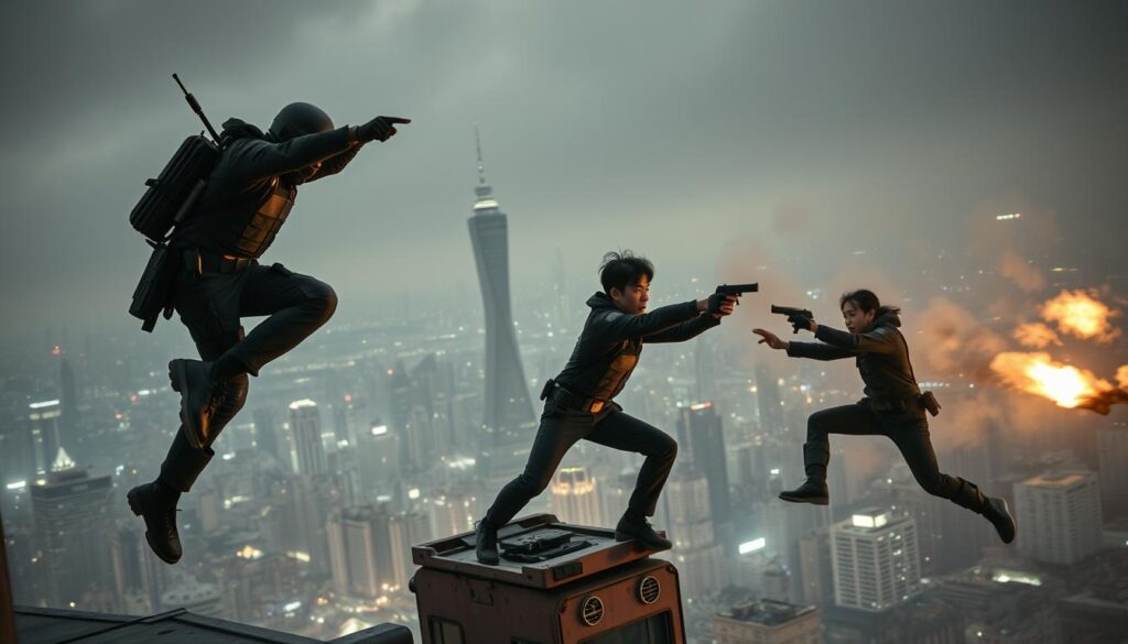 A bustling film set with young Japanese-looking stunt performers engaged in a dynamic sequence of high-octane stunts. In the foreground, a stunt person in tactical gear gracefully leaps off a building, captured mid-air with a tightly framed, low-angle perspective. In the middle ground, other stunt actors rehearse complex fight choreography, their focused expressions and fluid movements conveying the intensity of their craft. The background features a sprawling cityscape, complete with towering skyscrapers and a moody, cinematic lighting scheme that casts dramatic shadows, evoking the high-stakes world of stunt work. The overall scene emanates a sense of energy, discipline, and the extraordinary skills required to forge a successful career as a stunt performer.