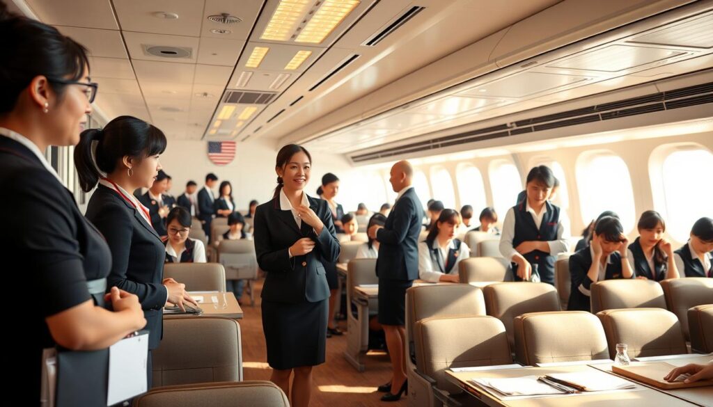 A bustling flight attendant training program set in a modern, well-equipped classroom. The trainees, youthful and Japanese-looking, are engaged in various interactive exercises, practicing safety demonstrations, customer service techniques, and emergency procedures under the guidance of experienced instructors. Warm, natural lighting fills the space, creating a sense of professionalism and dedication. The atmosphere conveys the rigorous yet rewarding nature of the program, preparing the future flight attendants for their crucial role in ensuring passenger comfort and safety.