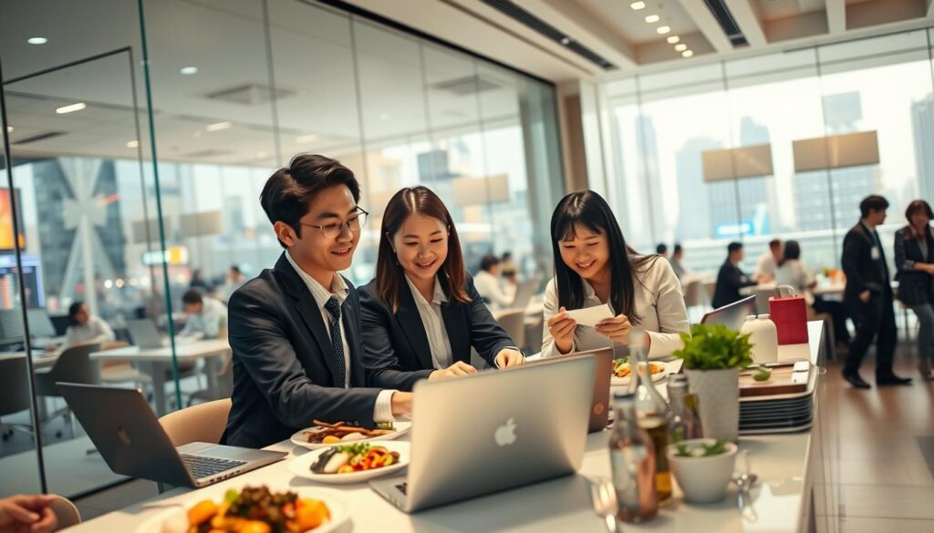 A bustling food court in a modern corporate office setting. Three young Japanese-looking professionals, dressed in business casual attire, work collaboratively at a long table, discussing menu items and food presentation on their laptops. Soft overhead lighting casts a warm, productive glow, while the background features glass walls overlooking a busy cityscape. The scene conveys a dynamic, fast-paced work environment for food coordinators, balancing creativity, teamwork, and attention to detail.