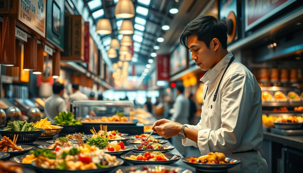 A bustling food court with a diverse array of cuisines, where a young, Japanese-looking food coordinator meticulously arranges and presents each dish with an artistic flair. The scene is bathed in warm, natural lighting, captured with a high-resolution camera lens that emphasizes the vibrant colors and textures of the food. The coordinator, dressed in a clean, professional attire, closely examines the presentation, ensuring every element is perfectly balanced and visually appealing. The atmosphere is one of focus and attention to detail, reflecting the coordinator's passion for their craft and their role in creating an exceptional dining experience.
