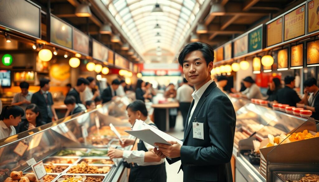 A bustling food court, with a young Japanese-looking food coordinator standing at the center, clipboard in hand. They are carefully inspecting the displays and coordinating the various food vendors, ensuring a harmonious and visually appealing layout. The scene is bathed in warm, natural lighting, casting a professional yet inviting atmosphere. The coordinator's attire is smart and polished, exuding an air of authority and expertise. In the background, patrons can be seen dining and interacting, creating a lively and dynamic environment. The overall impression conveys the food coordinator's business acumen, attention to detail, and ability to manage the complex logistics of a successful food court operation.