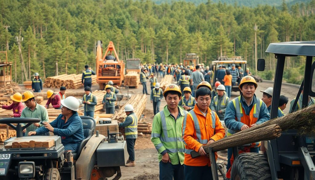 A bustling forestry worksite, where a diverse team of young, Japanese-looking individuals in work uniforms and safety gear collaborate on various tasks. In the foreground, a group of workers operate heavy machinery, while others are engaged in tree harvesting, transport, and processing activities. The middle ground showcases a mix of manual labor and the use of modern tools and technologies. In the background, a lush, verdant forest landscape provides a natural backdrop, illuminated by warm, diffused lighting that casts subtle shadows across the scene. The overall atmosphere conveys a sense of industry, efficiency, and a harmonious integration of human and natural elements within the forestry sector.