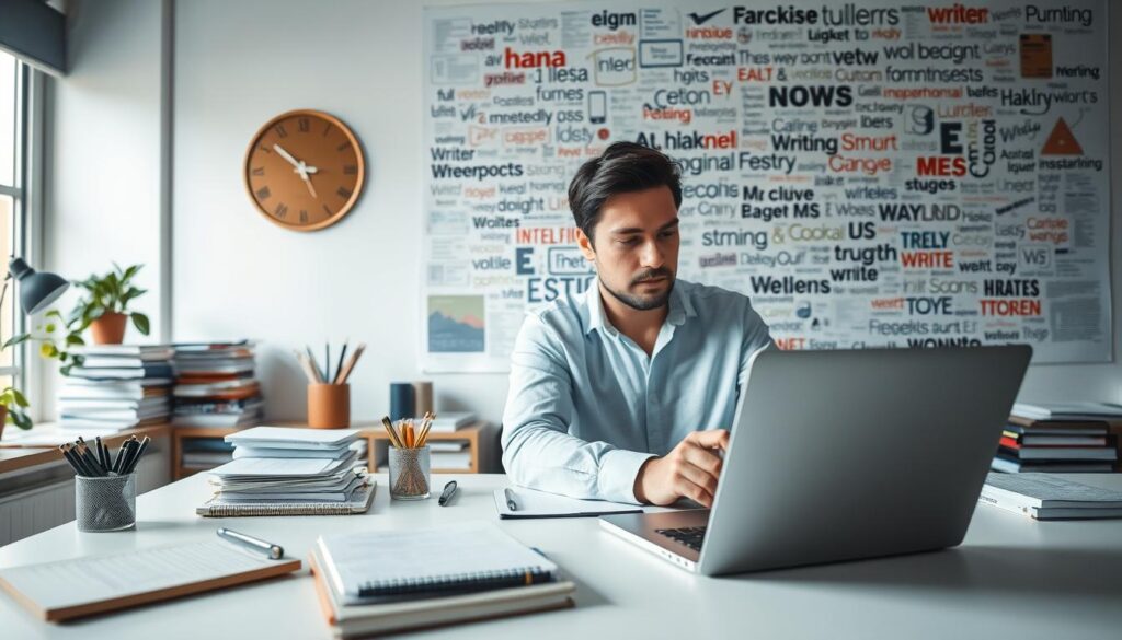 A bustling freelance writer's workspace, showcasing the essential skills needed for the profession. In the foreground, a diligent writer sits at a minimalist desk, their hands poised over a sleek laptop, reflecting deep concentration. The middle ground features an array of neatly organized notebooks, pens, and research materials, conveying the importance of organization and attention to detail. In the background, a large, inspirational wall display showcases a collage of diverse writing styles, ideas, and sources, symbolizing the versatility and creativity required for the role. Soft, natural lighting illuminates the scene, creating a serene and focused atmosphere. The overall composition emphasizes the key attributes of a successful freelance writer: discipline, adaptability, and a passion for the written word.