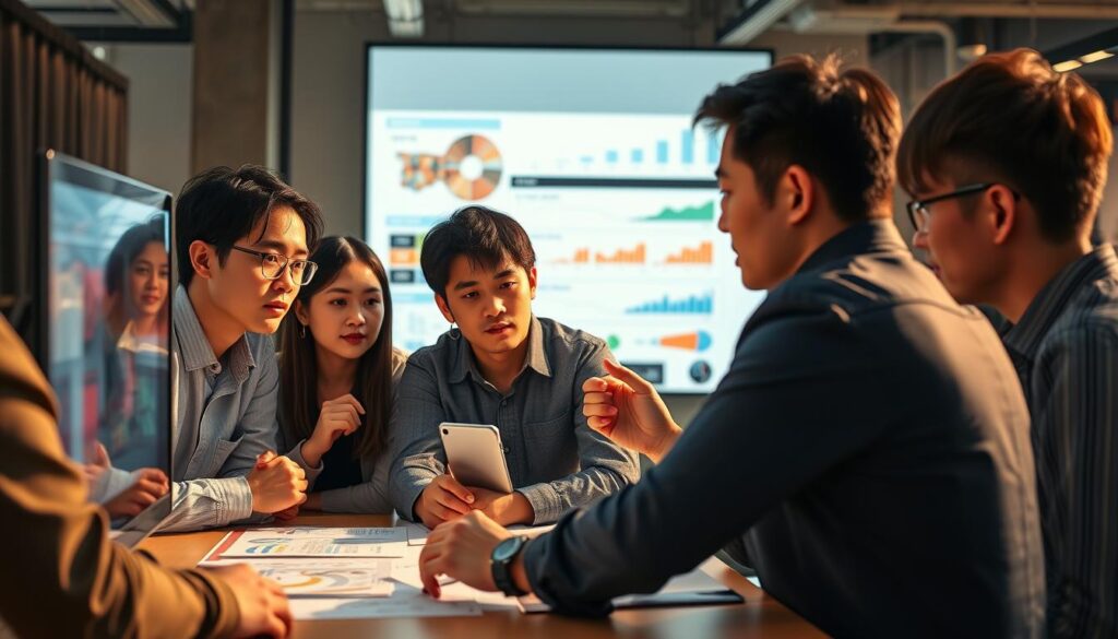 A bustling game industry landscape, with a diverse group of young Japanese-looking professionals gathered around a table, deep in discussion. Warm, natural lighting illuminates their focused expressions as they analyze charts, graphs, and market data projected onto a sleek, minimalist screen. The atmosphere is one of intense concentration and collaborative problem-solving, as they navigate the trends and dynamics shaping the evolving game market. The scene captures the essence of the industry's dynamism and the challenges faced by game designers in responding to shifting consumer preferences and technological advancements.