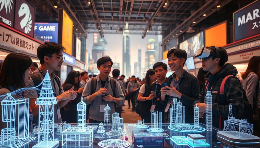 A bustling game market scene, with a group of young, tech-savvy Japanese developers animatedly discussing future trends. The foreground features intricate wireframe models and holographic displays, showcasing the innovative game concepts they are exploring. In the middle ground, a dynamic mix of cutting-edge gaming hardware and immersive virtual reality setups suggest the industry's rapid evolution. The background depicts a futuristic cityscape, with towering skyscrapers and neon-lit billboards hinting at the exponential growth and global reach of the gaming industry. Warm, diffused lighting creates a sense of optimism and possibility, while the attention to detail and technical sophistication conveys the market's promising future.