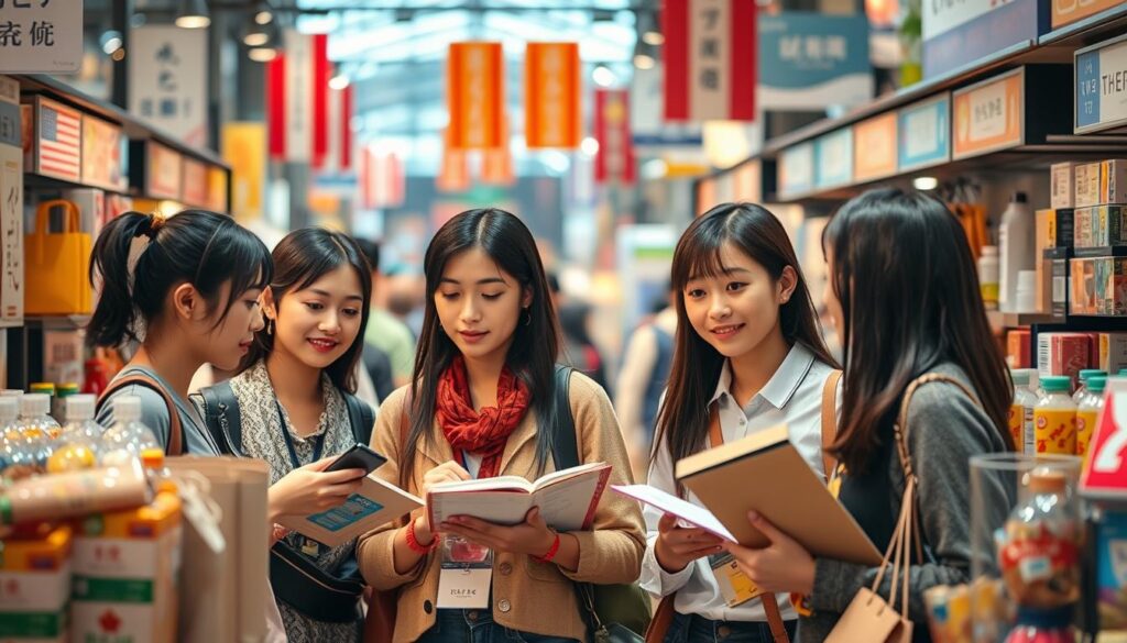A bustling global marketplace, a team of young, Japanese-looking buyers standing amidst an array of international products and brands. Warm, directional lighting accentuates their focused expressions as they examine samples, converse, and take notes - their multilingual skills and cross-cultural awareness on full display. The scene conveys the dynamism, adaptability, and linguistic prowess required of today's successful overseas buyers navigating the diverse world of commerce.