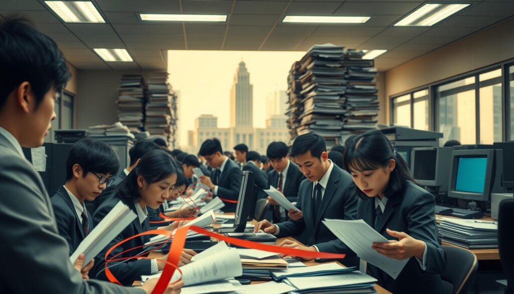 A bustling government office with an air of bureaucratic efficiency. In the foreground, a group of young, serious-faced Japanese bureaucrats pore over paperwork, lost in thought. The middle ground reveals a tangle of red tape and outdated computer systems, symbolizing the challenges they face. In the background, a towering stack of files and an imposing government building loom, casting a shadow over the scene. Soft, warm lighting filters through the windows, conveying a sense of both professionalism and frustration. The overall atmosphere is one of diligence and a desire for reform, as the bureaucrats navigate the complexities of their roles.