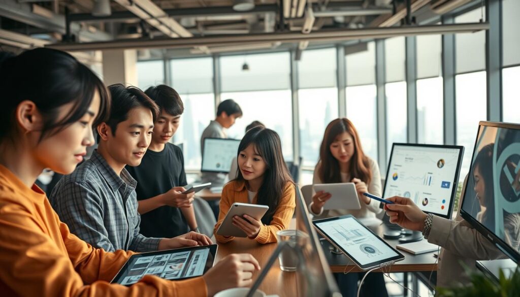 A bustling graphic design studio filled with young, focused professionals. In the foreground, a team collaborates on a sleek, modern UI design, their faces illuminated by the glow of computer screens. In the middle ground, designers sketch out concepts on digital tablets, brainstorming ideas for an upcoming campaign. The background showcases a panoramic view of the city skyline, hinting at the dynamic and ever-evolving nature of the industry. The lighting is soft and natural, casting a warm, inspiring atmosphere. The models have a youthful, Japanese-inspired appearance, embodying the innovative spirit of the modern design world.