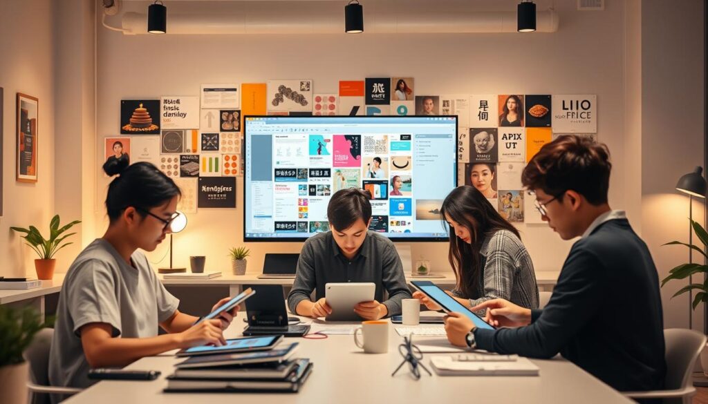 A bustling graphic design studio set in a modern, minimalist workspace. In the foreground, a team of young, focused designers diligently work on their digital tablets, immersed in the creative process. The middle ground features a large, sleek computer monitor displaying a complex design interface, while the background showcases a vibrant mood board filled with color swatches, typography samples, and inspirational imagery. Soft, diffused lighting casts a warm, productive atmosphere as the designers collaborate, sharing ideas and refining their concepts. The scene conveys the seamless, efficient workflow of a talented, Japanese-inspired graphic design team.