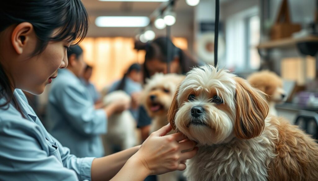 A bustling grooming salon, filled with the sights and sounds of a growing career in pet care. In the foreground, a skilled young Japanese groomer tenderly trims a well-behaved dog, their hands moving with precision and care. The middle ground showcases other groomers at work, each focused on their own canine clients, creating a harmonious scene of dedication and professionalism. The background gently fades into warm, natural lighting, accentuating the serene atmosphere of the salon and the boundless potential for growth within this nurturing industry. Subtle tones of grey, brown, and soft blues evoke a sense of tranquility, inviting the viewer to envision themselves on this rewarding career path.