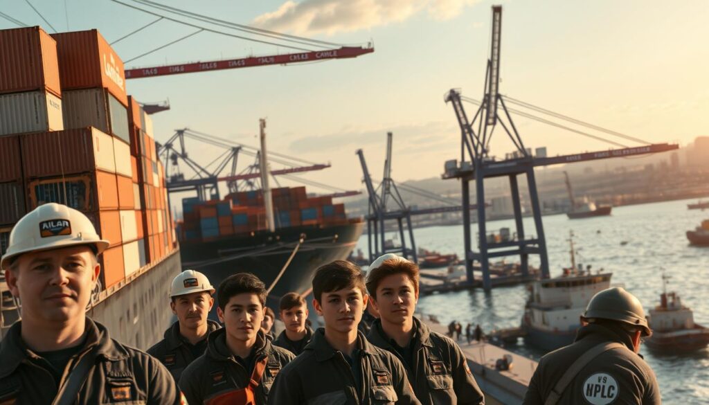 A bustling harbor scene, bathed in warm afternoon light. In the foreground, a group of young port workers efficiently unload cargo from a towering container ship, their skilled movements capturing the dynamism of their trade. In the middle ground, cranes rise like industrial sentinels, their arms swinging gracefully as they transport goods between ship and shore. The background reveals the sprawling expanse of the port, with smaller vessels dotting the gently lapping waves. The faces of the workers, realistic and youthful, convey a sense of focus and pride in their work. The entire composition exudes a palpable energy, reflecting the vitality and importance of the harbor's role in the regional economy.