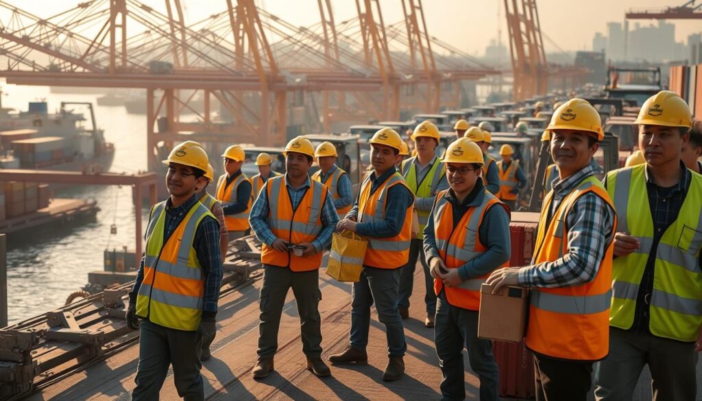 A bustling harbor scene, with a group of young Japanese dock workers diligently loading and unloading cargo from ships. The men wear hard hats, high-visibility vests, and sturdy work boots, their faces a mix of concentration and determination as they coordinate their movements with practiced efficiency. The background is a hive of activity, with cranes and forklifts moving in a carefully choreographed dance, the sound of machinery echoing across the docks. Warm sunlight filters through the hazy atmosphere, casting a golden glow over the scene and highlighting the workers' dedication to their task. The overall impression is one of a well-oiled, professional operation, capturing the essence of the hiring process for these crucial port employees.