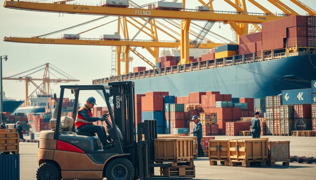 A bustling harbor scene with a group of young, Japanese-looking port workers engaged in various cargo handling tasks. In the foreground, a team operates a forklift, carefully maneuvering heavy crates. In the middle ground, workers organize stacks of shipping containers, while in the background, a crane hoists goods onto a large cargo ship. The lighting is bright and natural, with a sense of energy and efficiency. The overall mood conveys the essential role these workers play in maintaining the flow of commerce through the port. The image aims to highlight the importance of their welfare and working conditions.