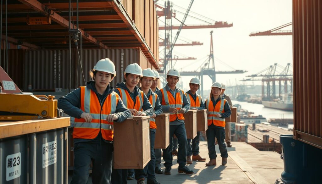 A bustling harbor scene with a group of young, hardworking Japanese port workers carrying out their duties with precision and efficiency. They are dressed in protective gear, including hard hats, safety vests, and sturdy boots, as they meticulously load and unload cargo containers using specialized equipment. The lighting is bright and natural, casting a warm glow over the industrial setting. The background features a sprawling port landscape, with towering cranes, cargo ships, and a sense of the bustling activity that defines this essential maritime industry. The workers' expressions are focused and determined, reflecting the specialized skills and training required to operate safely and effectively in this dynamic work environment.