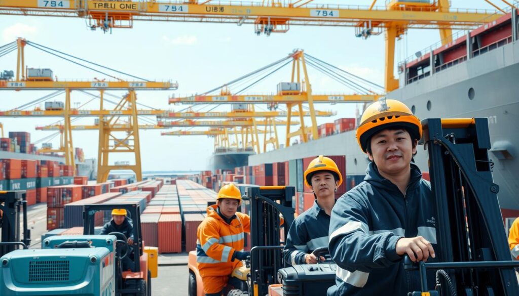 A bustling harbor scene with hardworking port operations staff efficiently loading and unloading cargo from ships. In the foreground, young Japanese workers in protective gear meticulously operate forklifts and cranes, their faces focused and determined. In the middle ground, rows of shipping containers are being meticulously stacked and organized. In the background, towering gantry cranes and the hulls of massive vessels create an industrial, yet dynamic atmosphere. Bright, natural lighting illuminates the scene, highlighting the skilled teamwork and precision of the port operations staff as they execute their critical duties.