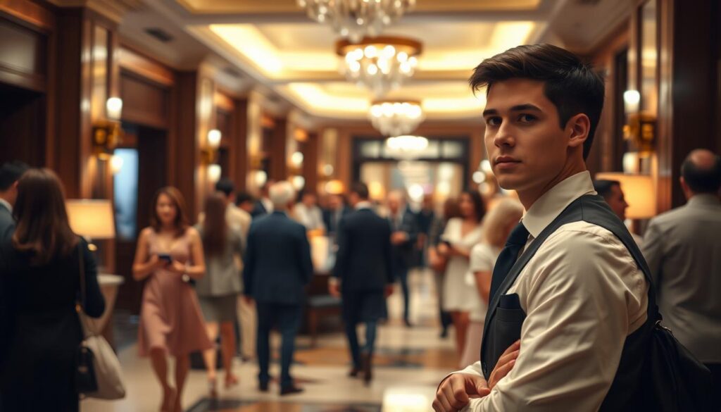 A bustling hotel lobby, where a young, attentive concierge stands ready to assist guests. Warm lighting casts a welcoming glow, as the concierge's sharp gaze scans the room, anticipating needs and offering tailored recommendations. The background reveals a blend of classic and modern decor, reflecting the concierge's ability to navigate the delicate balance between tradition and innovation. The concierge's posture exudes confidence and expertise, hinting at the challenges and rewards of their multifaceted role. This scene captures the essence of the concierge's work – the captivating interplay of personalized service, problem-solving, and the pursuit of creating exceptional experiences for every guest.