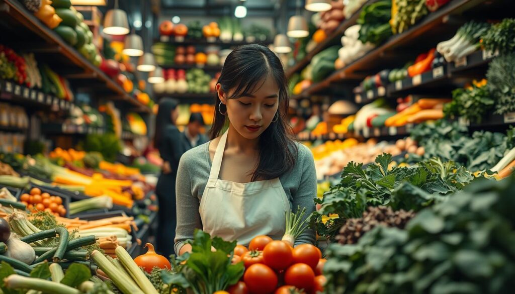 A bustling indoor vegetable market, illuminated by warm, diffused lighting. In the foreground, a young, professional-looking Japanese woman in a crisp, white apron examines a selection of vibrant, freshly harvested vegetables. Her gaze is focused, her expression one of deep contemplation as she carefully inspects each item, evaluating its quality and potential culinary applications. In the middle ground, other vegetable sommeliers interact with customers, sharing their expertise and guiding them towards the perfect produce for their needs. The background is filled with towering shelves stocked with an abundance of seasonal vegetables, creating a visually striking and immersive scene that captures the essence of a vegetable sommelier's day-to-day work.