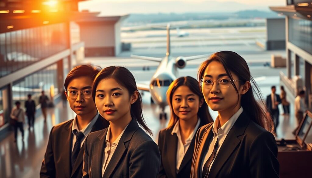 A bustling international airport terminal, bathed in warm, golden lighting. In the foreground, a group of young Japanese professionals, their sharp expressions conveying focus and determination. Dressed in smart business attire, they stand poised, ready to take on the challenges of the aviation industry. In the middle ground, a gleaming private jet waits, its sleek silhouette a symbol of the industry's sophistication. The background is a panoramic view of the tarmac, with aircraft taking off and landing, a testament to the dynamic, fast-paced nature of this field. The overall mood is one of ambition, professionalism, and a commitment to excellence, capturing the essence of the "ideal" aviation industry employee.